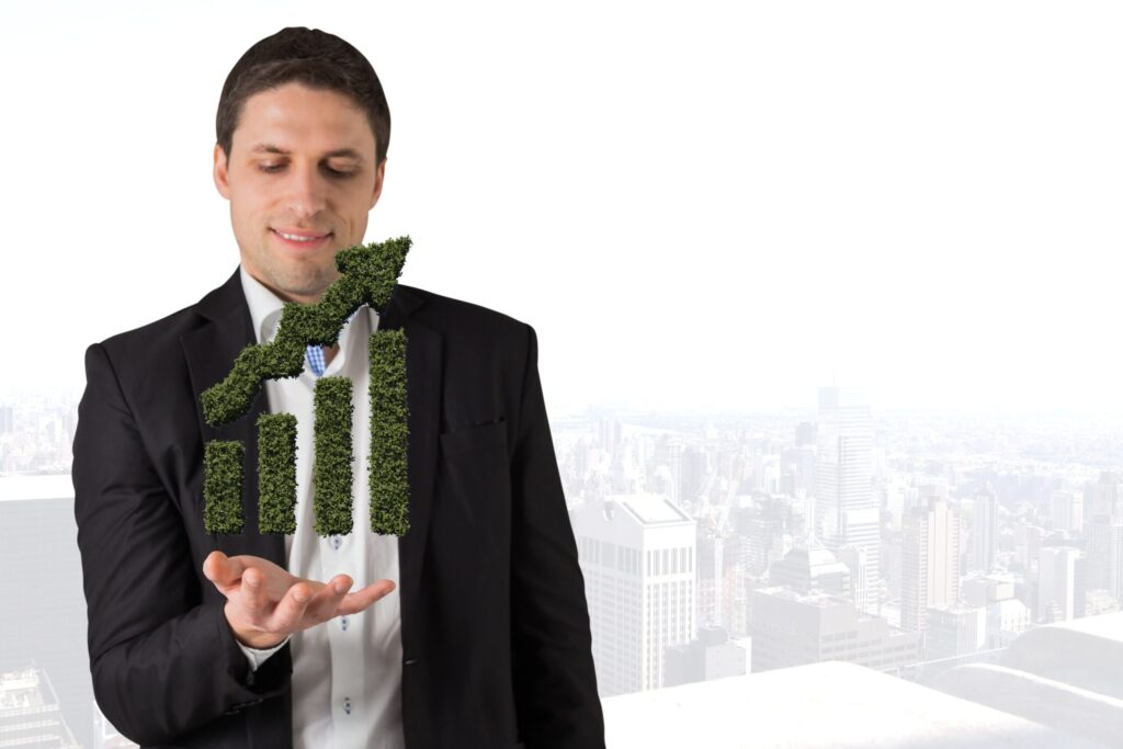 man with bar graph grass their hands